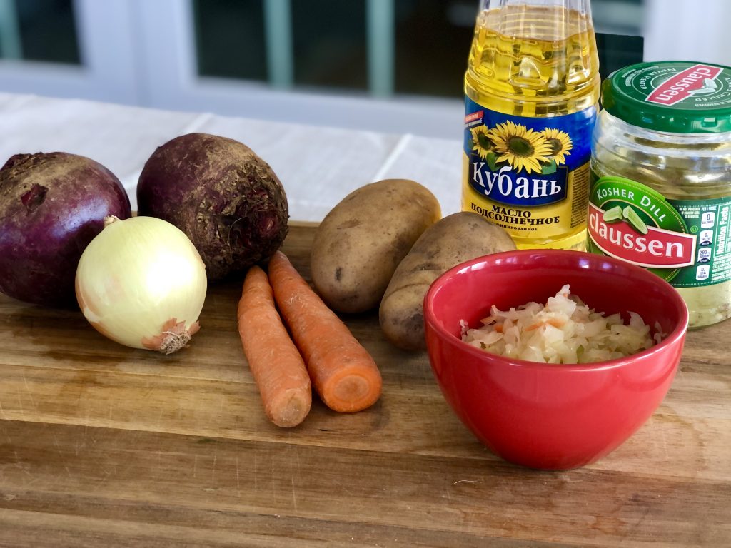 Ingredients for Vinaigrette salad, (Russian beet and sauerkraut salad).