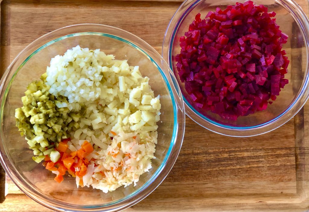 Ingredients for Vinaigrette salad ( Russian beet and sauerkraut salad).